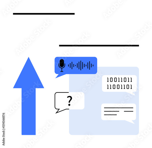 Blue arrow, speech bubbles with voice waves, question mark, text, binary code. Ideal for technology, AI, speech recognition, chatbots digital communication automation flat simple metaphor