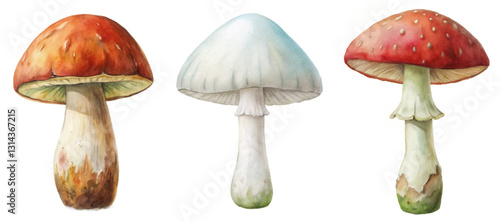 Colorful mushroom illustrations, detailed watercolor style, nature art, botanical design, educational purpose, organic themes.