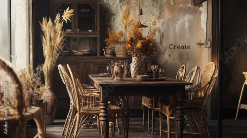 Rustic dining room with dried flowers
