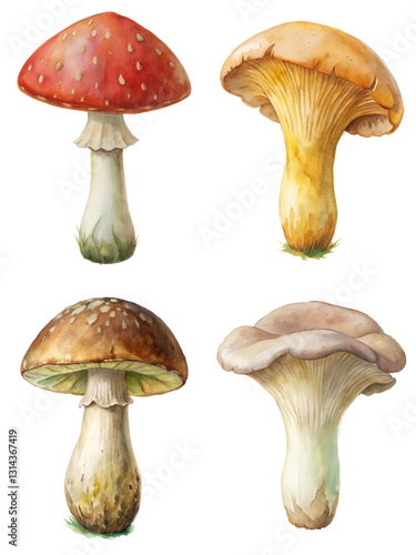 Colorful mushroom illustrations, detailed watercolor style, natural forest elements, botanical art, organic design, nature-inspired decor.