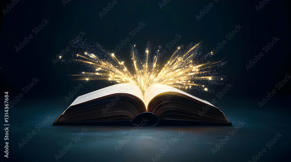 Open Antique Book With Golden Sparkles On Dark Background And Illuminated Pages Open Antique Book With Golden Sparkles On Dark Background And Illuminated Pages