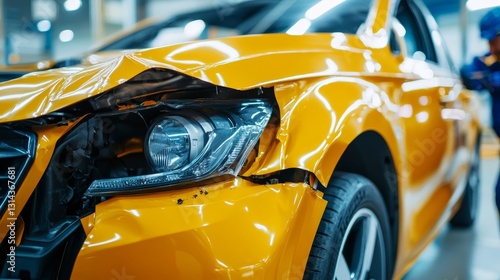 Damaged Yellow Car: Accident Repair and Auto Body Work. Car Insurance Claim after Collision. Vehicle Maintenance and Automotive Service in Garage.