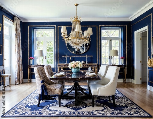Elegant dining room in classic blue with gold accents and luxurious crystal chandelier for upscale interior design inspiration