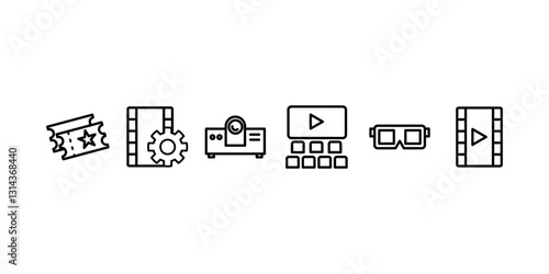 Moviethemed icons for films such as tickets, reels, projector, glasses, and a screen. Suitable for cinemarelated projects and promotions.