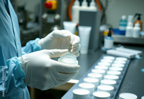 In a sterile lab, a worker in gloves prepares cosmetic products in containers while overseeing the packaging process on a clean surface.