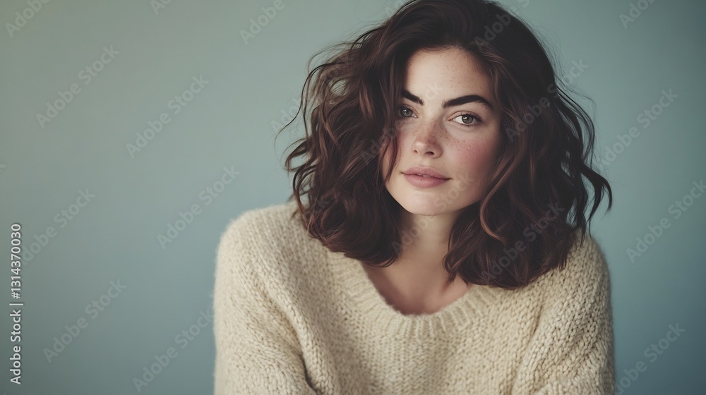 mysterious brunette woman with tousled hair, cozy cream sweater, pastel blue-gray background