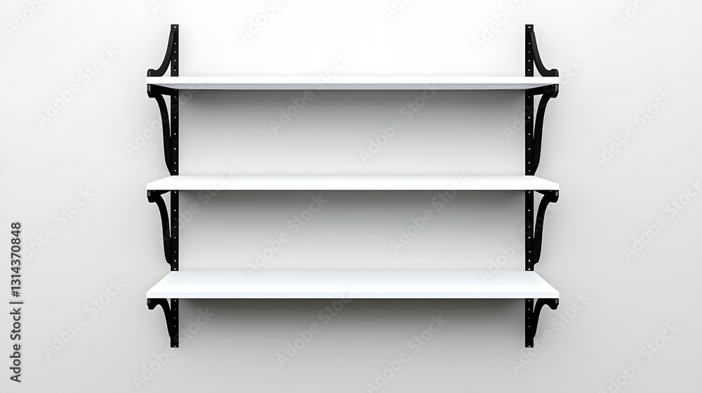 Three White Shelves with Black Ornate Brackets on White Wall Three White Shelves with Black Ornate Brackets on White Wall