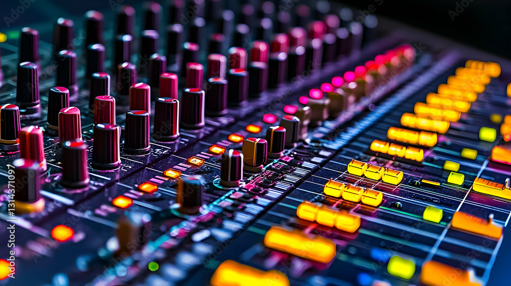 Fototapeta premium Professional Audio Mixing Console With Illuminated Colorful Knobs And Faders In A Dark Studio Setting For Music Production