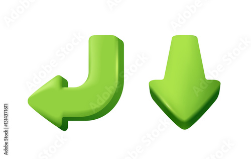 3D arrow icons. Stickers with curved direction indicators showing left and down. Road sign or pointer. Design element for poster or banner. Realistic vector set of illustrations in plasticine style