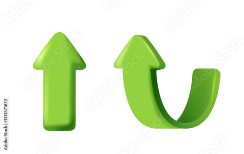 3D arrow icons. Stickers with curved direction indicators showing up. Road sign or pointer. Growth and development. Realistic vector set of illustrations in plasticine style