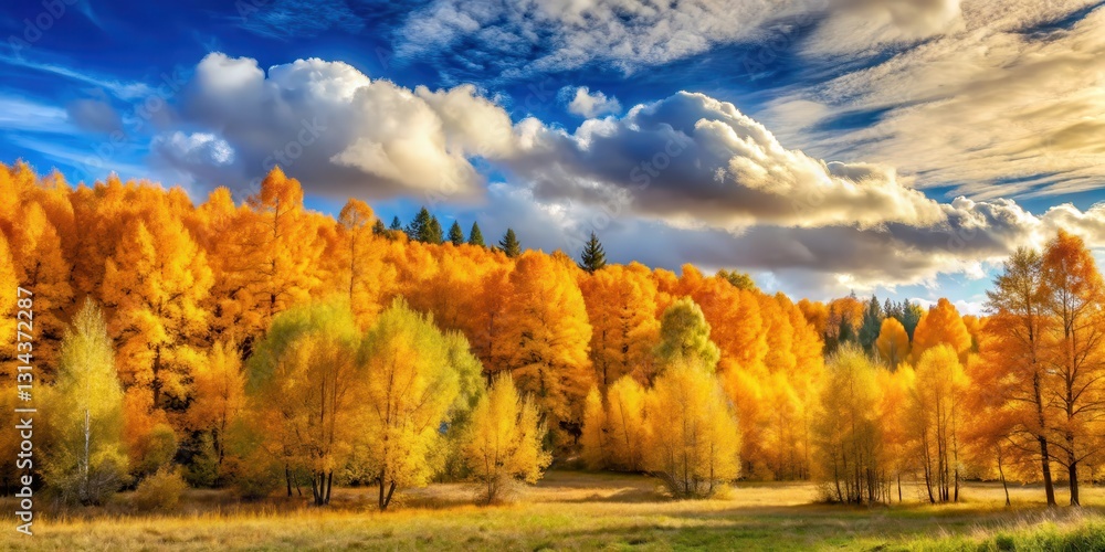 A serene forest landscape with trees displaying vibrant golden foliage against a blue sky with fluffy white clouds in autumn colors, warm light on forest, golden leaves