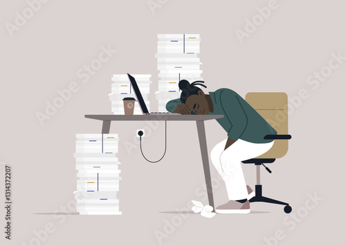 Manager appears exhausted, head resting on their desk amid towering piles of paperwork, Laptop aglow, a coffee cup sits nearby, highlighting their busy yet chaotic work environment