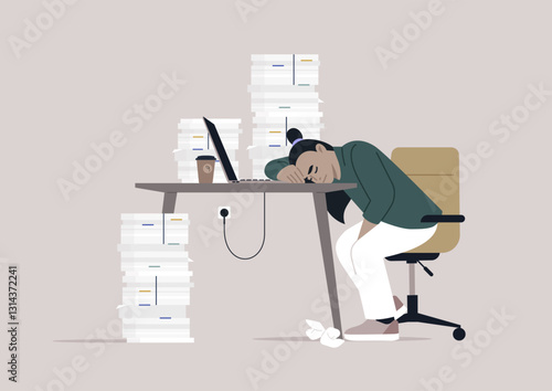 Manager appears exhausted, head resting on their desk amid towering piles of paperwork, Laptop aglow, a coffee cup sits nearby, highlighting their busy yet chaotic work environment