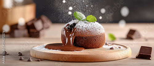 Decadent Chocolate Lava Cake with Glossy Molten Core and Spilled Sauce