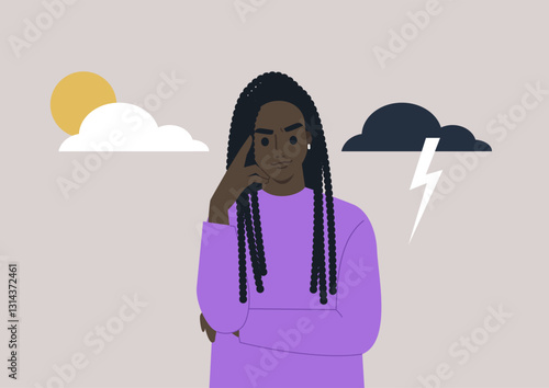 A person with dark hair stands thoughtfully against a backdrop of a sun, clouds, and lightning, symbolizing the fluctuations of bipolar disorder and emotional experiences