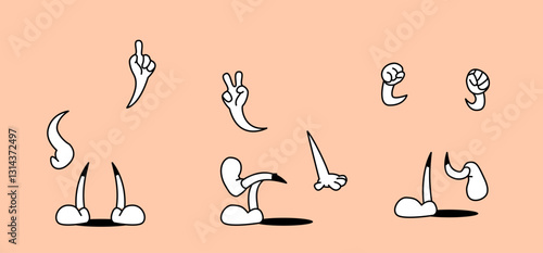 70s groovy comic set. Vintage retro hands showing gestures and feet in shoes. Design Elements for Stickers and printing. Outline doodle illustration collection isolated on background