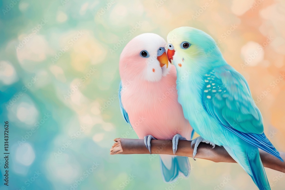 A pair of pink and blue budgies sitting on a branch on a pastel background with copy space.