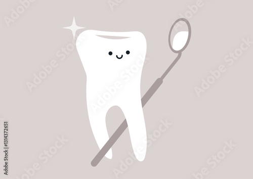 A cheerful tooth stands in front of a mirror, gleefully inspecting itself, With a dental mirror in hand, it radiates positivity, showcasing good dental hygiene behavior in a playful setting.