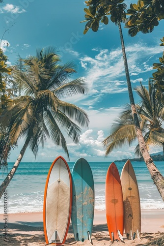 Three surfboards are on the beach, with one of them being blue