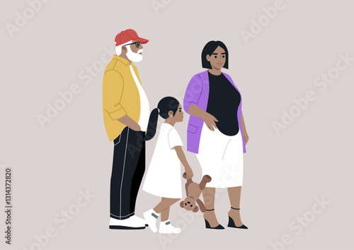 Two adults and a child walk together, radiating happiness while sharing stories and laughter, The kid holds a teddy bear, symbolizing warmth and innocence among loved ones