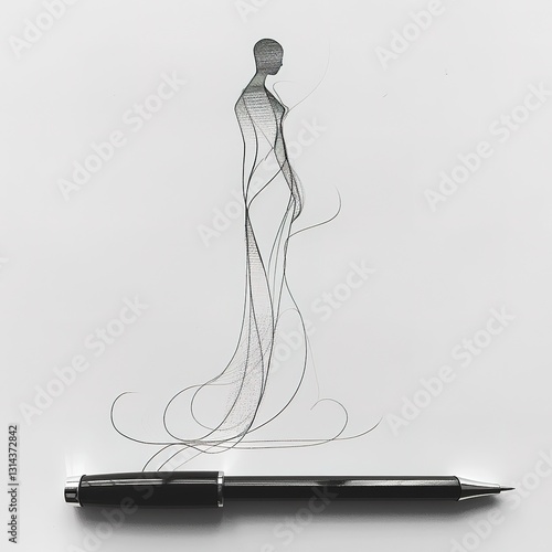 A black pen sits on a white background with a drawing of a woman in a dress