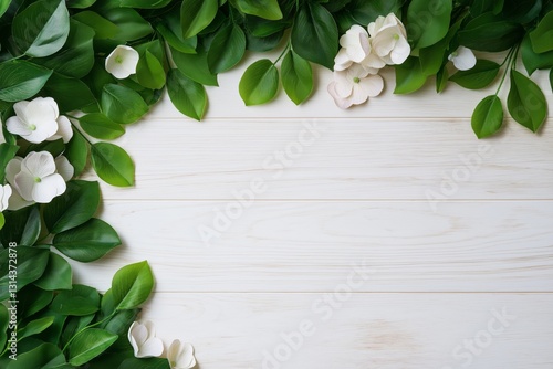 White wooden spring background with green leaves and flowers with copy space. 
