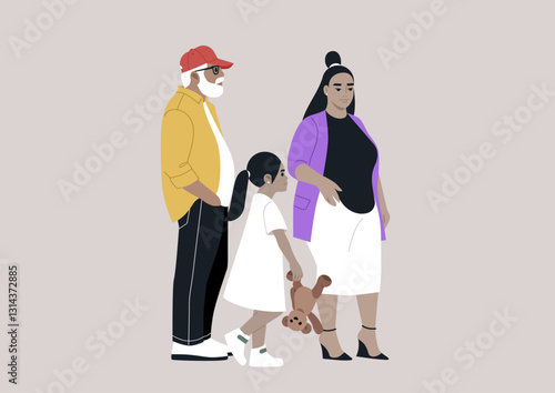 Two adults and a child walk together, radiating happiness while sharing stories and laughter, The kid holds a teddy bear, symbolizing warmth and innocence among loved ones