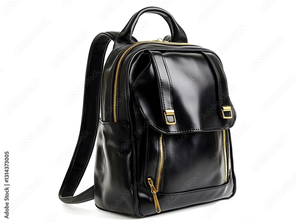 Luxurious Black Leather Backpack with Gleaming Gold Zippers on White Background Luxurious Black Leather Backpack with Gleaming Gold Zippers on White Background