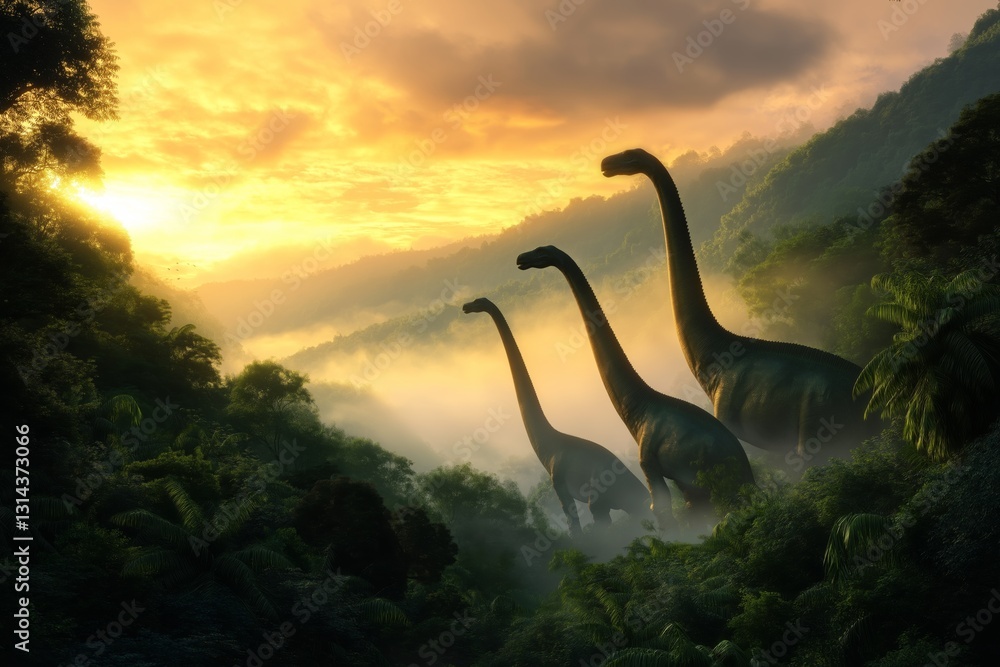 A peaceful family of long-necked brachiosaurs in a misty forest.