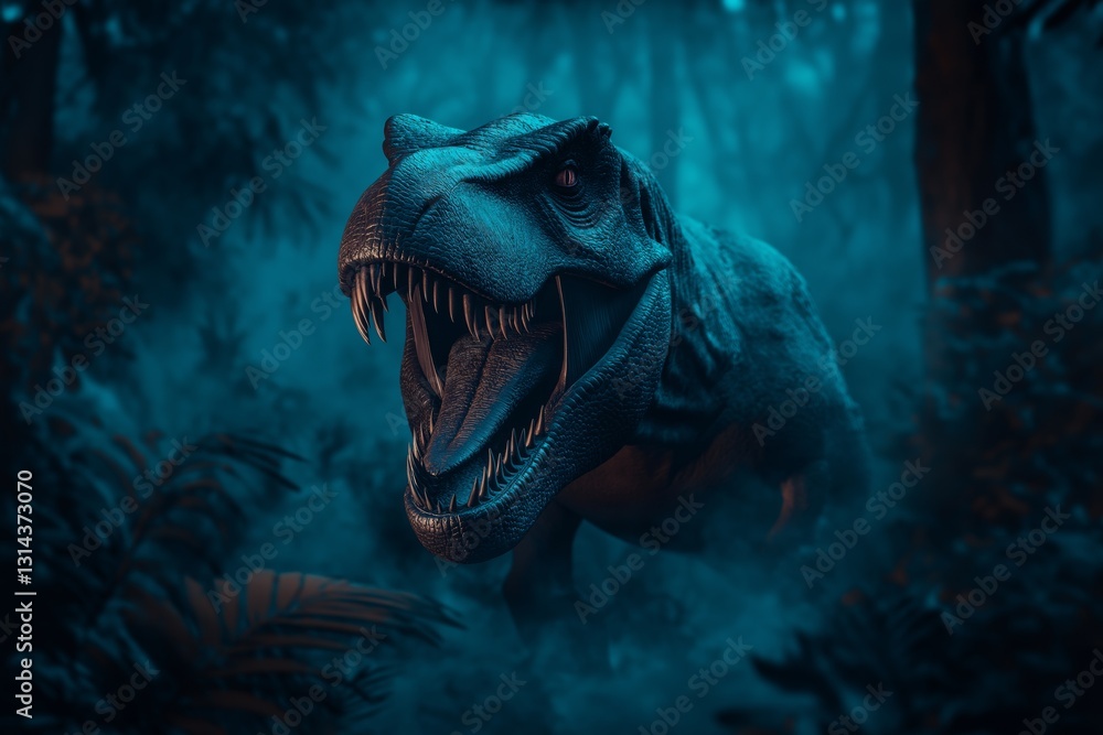 Realistic Tyrannosaurus rex roaring in a prehistoric jungle with sharp teeth on a blue misty background.