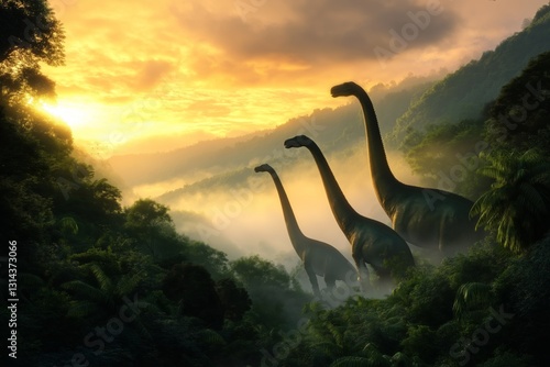 Obraz na płótnie A peaceful family of long-necked brachiosaurs in a misty forest. w salonie