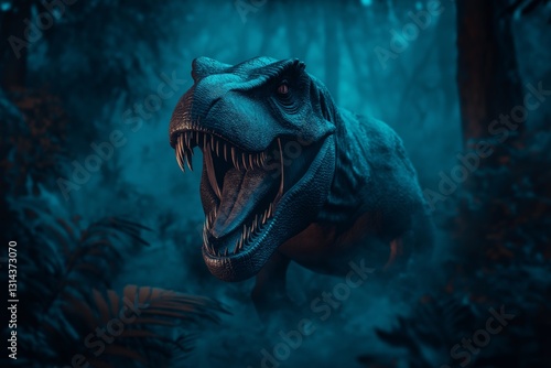 Obraz na płótnie Realistic Tyrannosaurus rex roaring in a prehistoric jungle with sharp teeth on a blue misty background. w salonie
