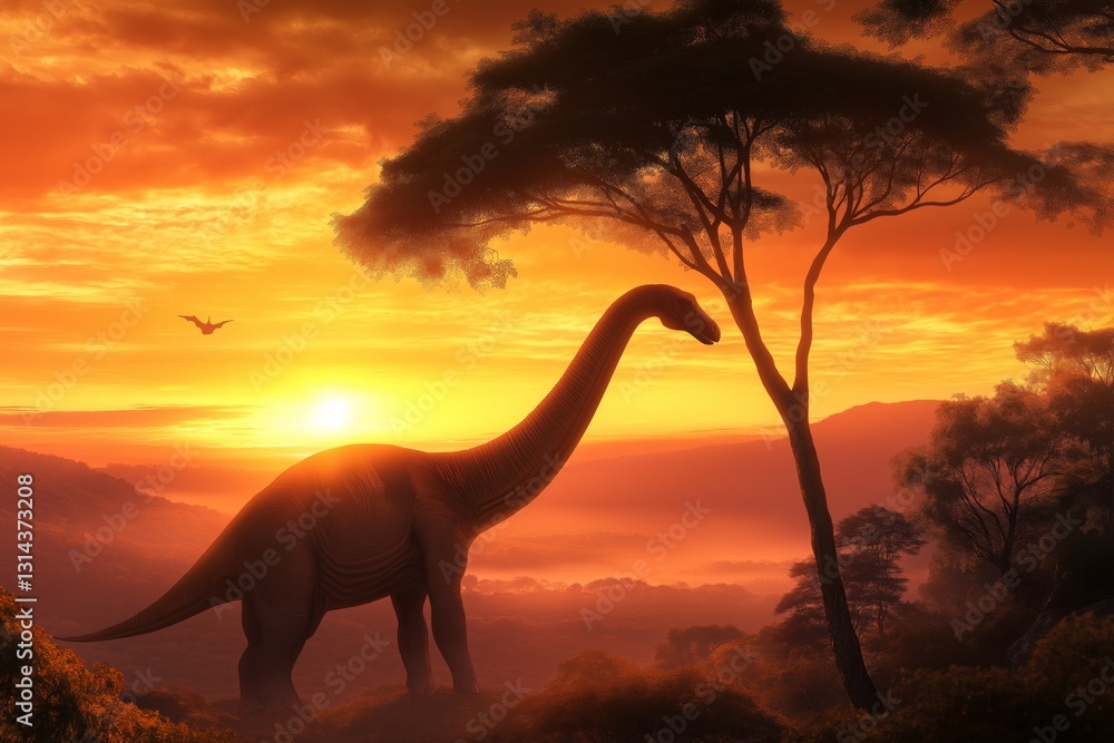 A giant brachiosaurus with a long neck eats from a tall tree against a golden sunrise.