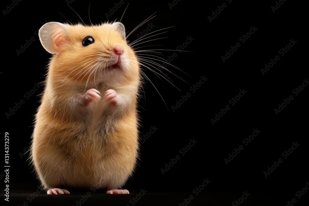 Cute golden hamster Mesocricetus auratus stands on its hind legs on a black background.