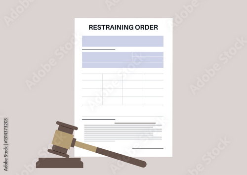 A legal document titled Restraining Order lies next to a gavel, emphasizing the serious nature of legal protection, It serves as a reminder of the steps taken for personal safety and security.