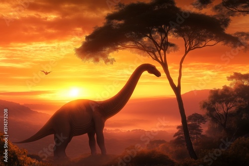 Obraz na płótnie A giant brachiosaurus with a long neck eats from a tall tree against a golden sunrise. w salonie