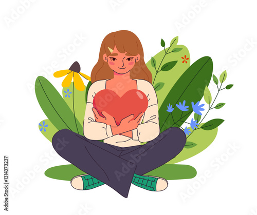 Mental health. Self love, healthy mindset and wellbeing. Happy young woman sitting in lotus position and hugging heart. Psychotherapy and positive thinking. Flat doodle vector illustration