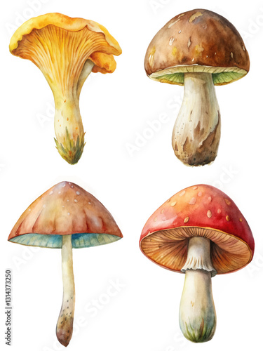 Colorful mushroom illustrations, detailed watercolor style, nature-inspired artwork, botanical design, perfect for educational purposes.