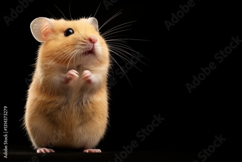 Obraz na płótnie Cute golden hamster Mesocricetus auratus stands on its hind legs on a black background. w salonie