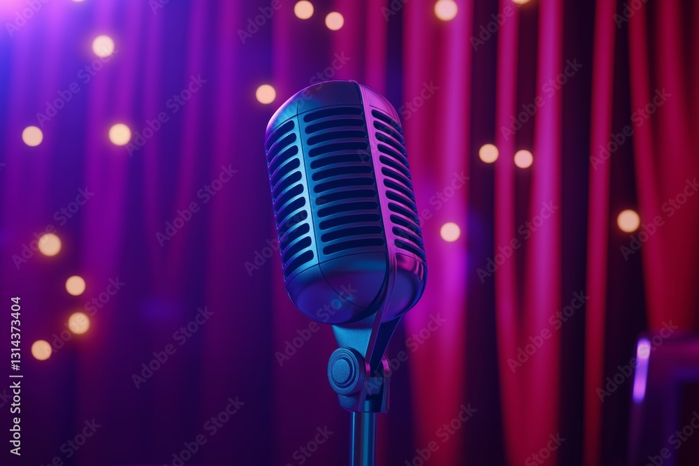 A vintage microphone set against velvet curtains, evoking the atmosphere of stand-up comedy or jazz performances.