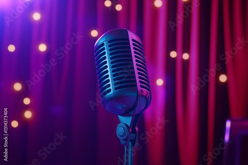 Obraz na płótnie A vintage microphone set against velvet curtains, evoking the atmosphere of stand-up comedy or jazz performances. w salonie