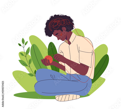 Mental health. Happy young man unravels tangle of thoughts in his head. Psychotherapy and solving mental problems for healthy mindset and self acceptance. Flat doodle vector illustration