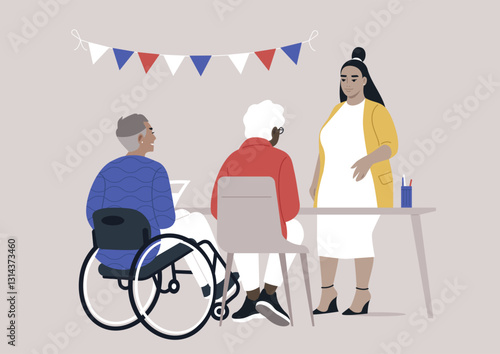 A friendly woman helps individuals sign up for voter registration at a local event, fostering inclusivity and civic engagement amid festive decorations