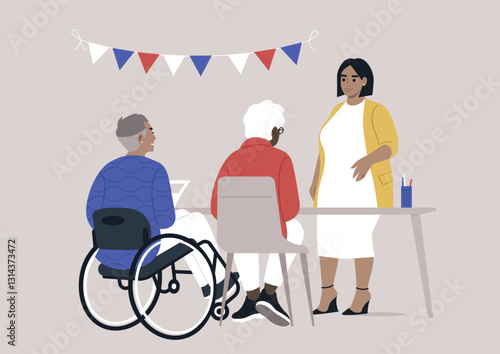 A friendly woman helps individuals sign up for voter registration at a local event, fostering inclusivity and civic engagement amid festive decorations