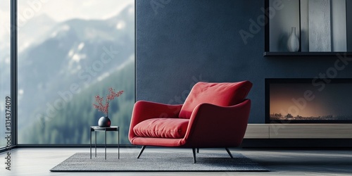 The image depicts a tastefully furnished modern living room. The room features a vibrant red armchair positioned on a grey rug, complementing the neutral tones of the space. A floor lamp and