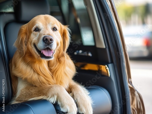 Golden Retriever enjoying a ride in the luxury backseat of a car photo