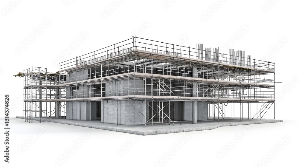 Modern Construction Site with Scaffolding Steel Beams and Concrete Framework on White Background Modern Construction Site with Scaffolding Steel Beams and Concrete Framework on White Background
