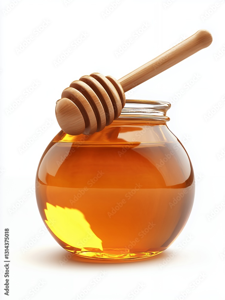 Golden Honey in Glass Jar with Wooden Dipper on White Background Golden Honey in Glass Jar with Wooden Dipper on White Background