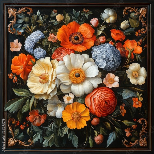 Wallpaper Mural Vibrant Floral Composition with Large Blooming Flowers in Baroque Style on Black Background Torontodigital.ca