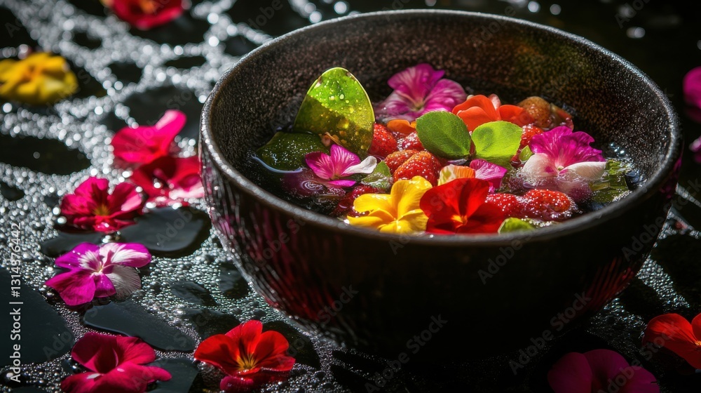 Fresh tropical fruits with water droplets, surrounded by colorful petals, celebrating Thai Songkran Festival's vibrant and festive spirit. Fresh tropical fruits with water droplets, surrounded by colorful petals, celebrating Thai Songkran Festival's vibrant and festive spirit.